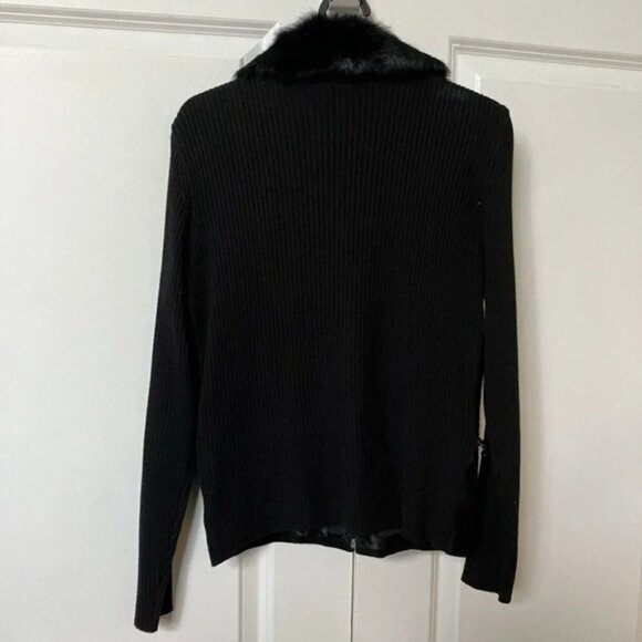 Y2K Escapade Black Stretch Ribbed Knit Suede Rabbit Fur Collar Sweater Jacket - Picture 4 of 5